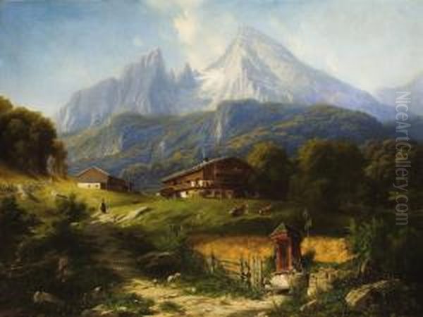 An Alpine Farm Oil Painting by Willibald Wex