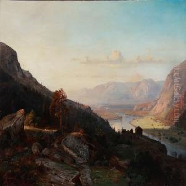 View From The Mountains With Lights In The Valley Oil Painting by Christian Delphin Wexelsen