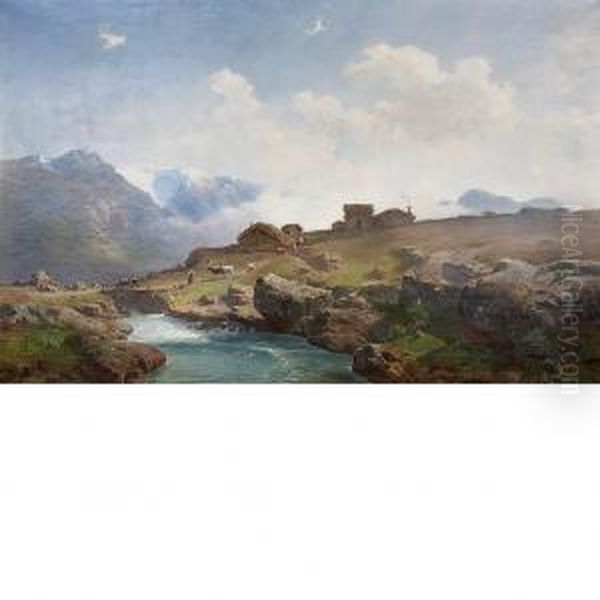 Cattle Crossing A Mountain Stream Oil Painting by Christian Delphin Wexelsen