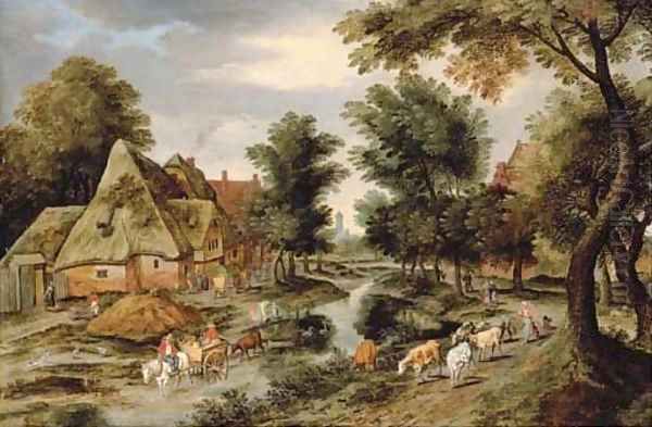 A wooded village landscape with a herdswoman on a path and a horse and cart crossing a river Oil Painting by Pieter The Younger Brueghel