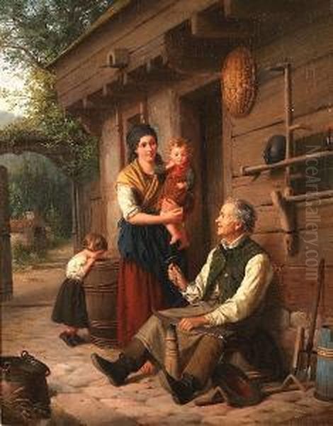 Outside The Cottage Oil Painting by Julius Weyde