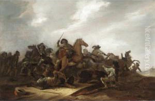 A Cavalry Battle Scene In A Landscape Oil Painting by Jacob Mathias Weyer