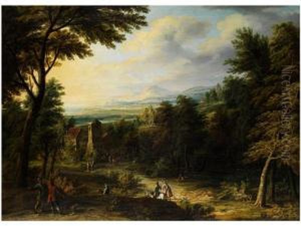 Weite Baumlandschaft Mit Gebaudegruppe Zwischen Baumen Und Hofischer Reitgesellschaft Oil Painting by Jakob Christoph Weyermann