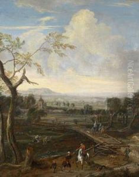 Weite Landschaft Im Voralpengebiet Mit Reitern An Einem Flussubergang Oil Painting by Jakob Christoph Weyermann