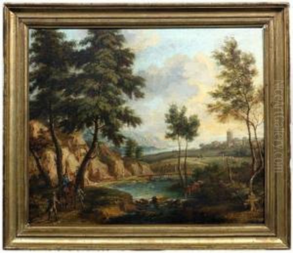 Sudliche Flusslandschaft Mit Soldaten An Einer Brucke. Oil Painting by Jakob Christoph Weyermann