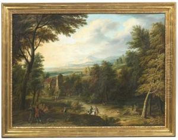 An Extensive River Landscape With Travellers And A Stage-coach On A Forest-track To A Farm Oil Painting by Jakob Christoph Weyermann