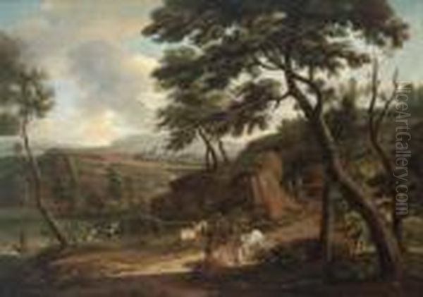 Gebirgige Fluslandschaft Mit Einem Pferdefuhrwerk Und Anglern Oil Painting by Jakob Christoph Weyermann