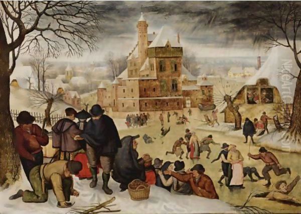 A winter landscape with peasants skating and playing kolf on a frozen river, a town beyond Oil Painting by Pieter The Younger Brueghel