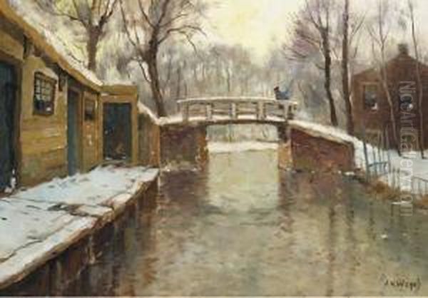 A Village In Winter With A Bridge Over A Stream Oil Painting by Jan Harm Weyns