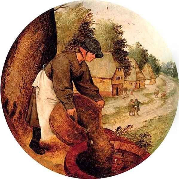 Proverb 'filling the well after the calf has drowned' Oil Painting by Pieter The Younger Brueghel