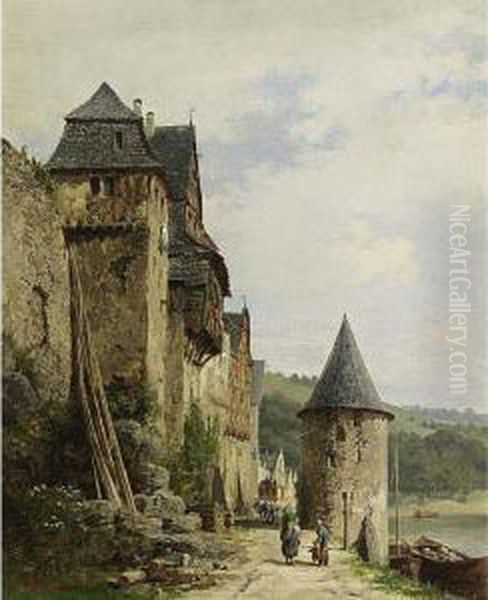 Villagers Along A Path Near A River, Possibly The River Main Or Mosel Oil Painting by Karl Weysser