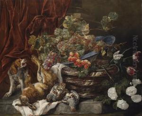 Grapes And Apricots In A Porcelain Bowl On A Marble Pot With Flowers, Dead Partridges, A Hare, And A Spaniel Barking At A Monkey On A Stone Ledge Oil Painting by Jan Fyt