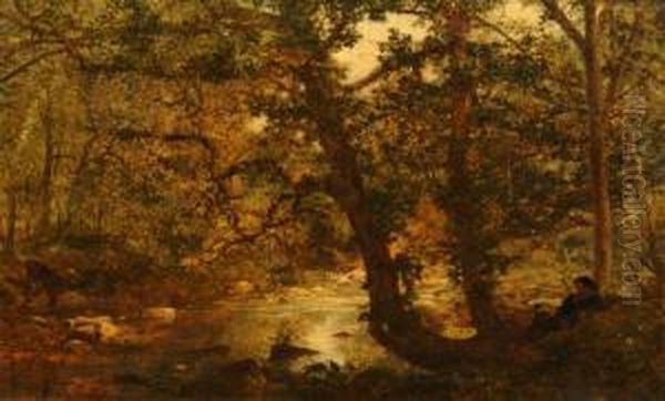 A Wooded River Scene With Stag Watering And Watched By An Onlooker Oil Painting by Henry Clarence Whaite