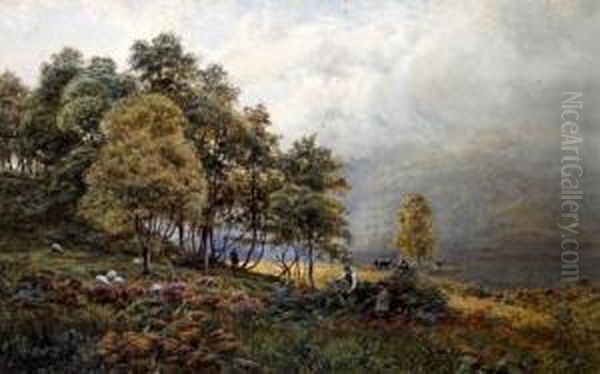 Wooded Lake Landscape With Figures By The Lakeside, Thought To Be Loch Awe Oil Painting by James Whaite