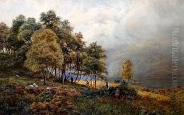 Wooded Lake Landscape With Figures By Thelakeside Oil Painting by James Whaite