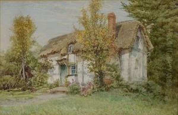 Two Figures Gardening Before A Thatched Cottage Oil Painting by James Whaite