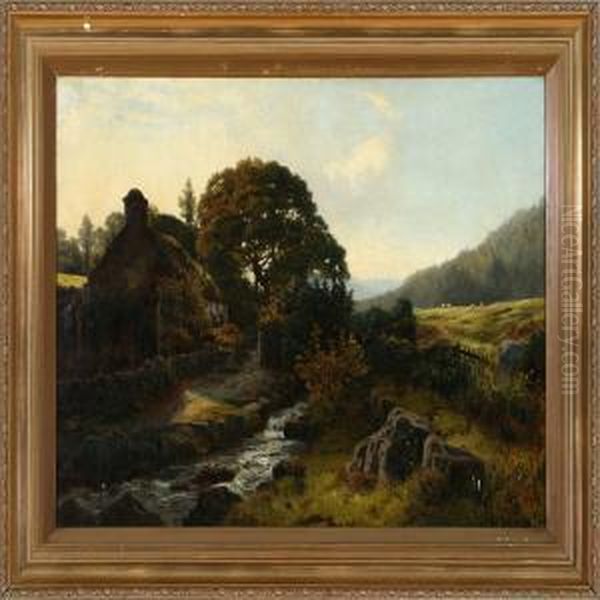 Summer Landscape With A Thatched House At A Stream Oil Painting by James Whaite