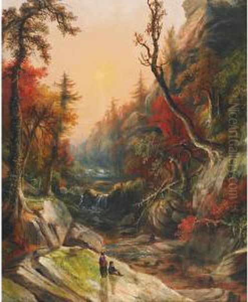 Waterfall Near Dundas, Ontario, Figures In The Foreground Oil Painting by Robert Reginald Whale