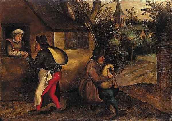 A peasant paying court to a woman, with a bagpipe player in a village Oil Painting by Pieter The Younger Brueghel