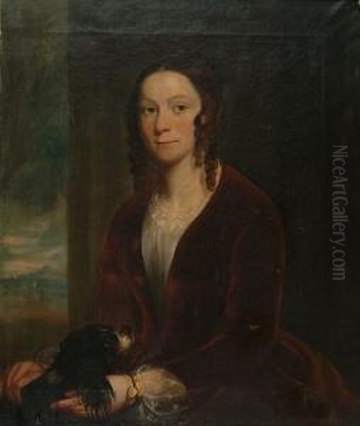 Portrait Of A Lady In A Red Velvet Gown, With Her Spaniel On Her Lap' Oil Painting by Robert Reginald Whale