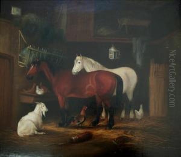 Horses With A Goat And Poultry In A Barn Oil Painting by James Thomas Wheeler