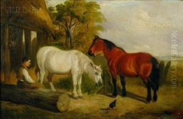 Barn Scene With Two Horses Oil Painting by James Thomas Wheeler