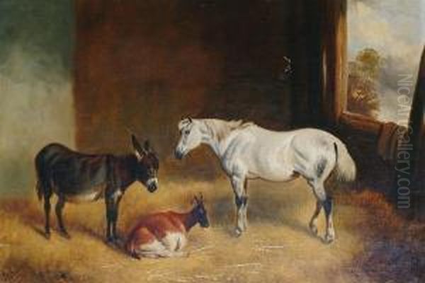 Donkey, Horse And Goat In A Barn Interior Oil Painting by James Thomas Wheeler