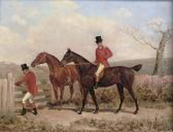 Two Huntsmen And Their Horses At A Gate Oil Painting by James Thomas Wheeler