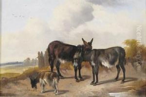 Donkeys And A Goat In A Landscape Oil Painting by John Arnold Wheeler