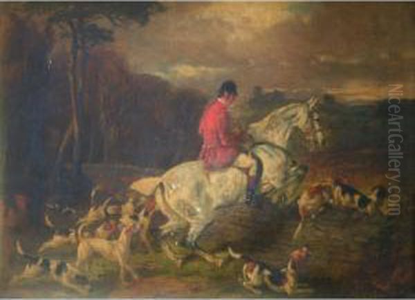 Huntsman And Hounds Jumping A Dry Stone Wall Oil Painting by Of John Alfred Wheeler