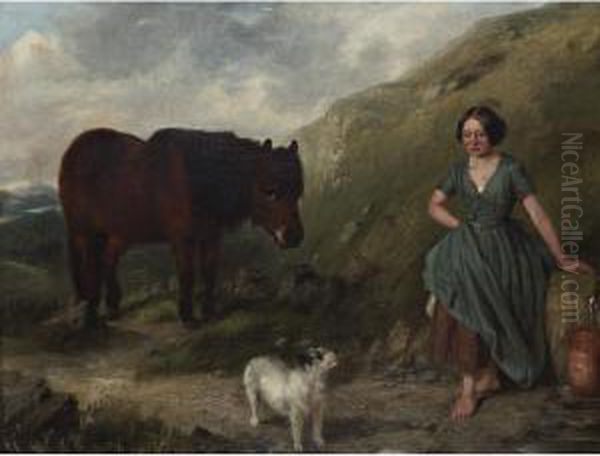 Shepherd Girl Gathering Water For Her Pony And Terrier Oil Painting by Of John Alfred Wheeler