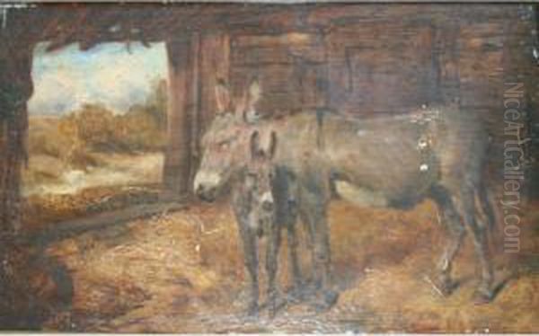 A Donkey With A Foal Oil Painting by Of John Alfred Wheeler