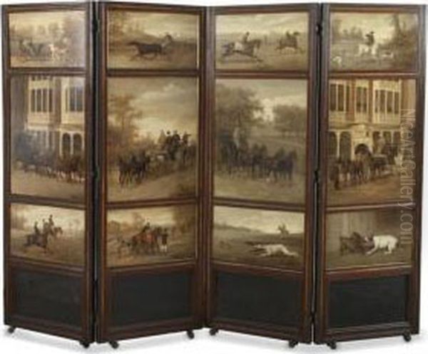 The Sporting Life: 12 Paintings Mounted As A Four Fold Screen Variously Depicting Sporting Pursuits Oil Painting by William Henry Wheelwright