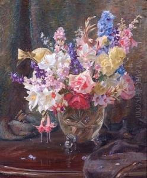 Floral Still Life In Crystal Vase Oil Painting by George Whinnen