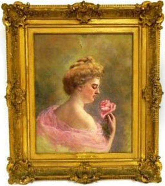 Portrait Of Woman In Off-the-shoulder Pink Dress With Rose Oil Painting by C.Ayer Whipple