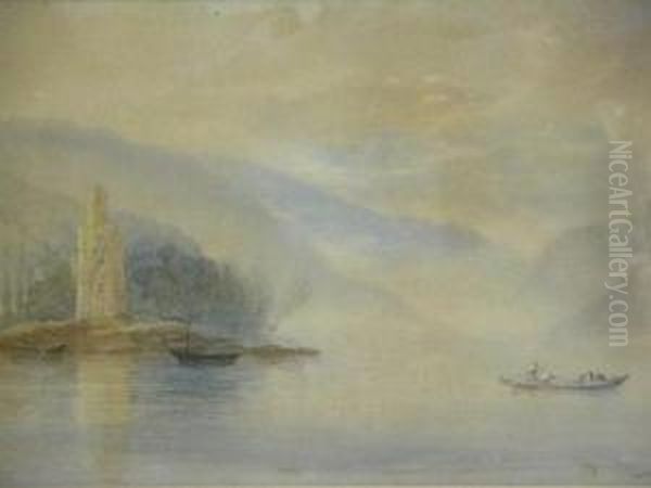 A Misty Morning With Boat Crossing The Loch Oil Painting by George Whitaker