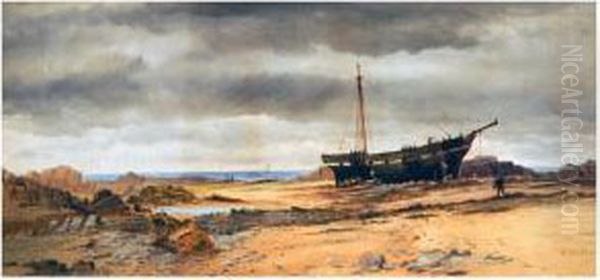 A Rocky Coastal Landscape, With Large Boat On Beach, Figures Oil Painting by George Whitaker