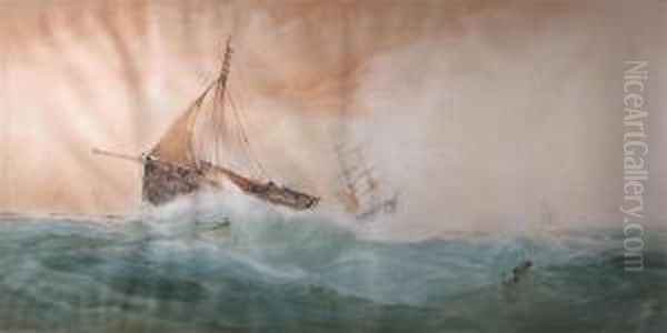 Fishing Boat In Stormy Seas Oil Painting by George Whitaker