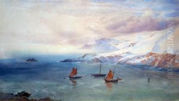 Fishing Boats At Anchor Off A Snowy Coastline Oil Painting by George Whitaker