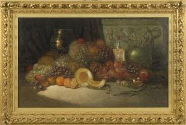 Still Life With Assorted Fruit, Wine Bottle, And Crockery Oil Painting by George William Whitaker