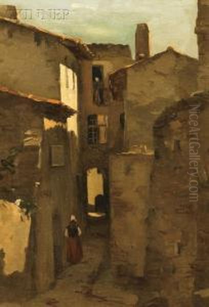 View With A Figure In A Cobbled Alley Oil Painting by George William Whitaker