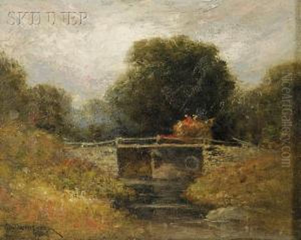 Hay Wagon On A Bridge Oil Painting by George William Whitaker