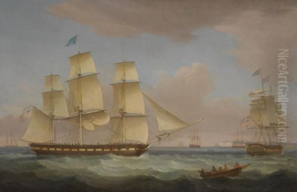 The Merchantman Medina, Of London, In Two Positions Off Dover Oil Painting by Thomas Whitcombe