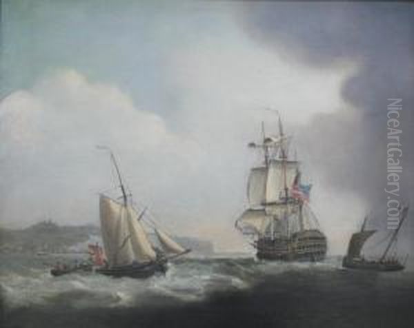 A Man Of War With Fishing Boats Off Dover Oil Painting by Thomas Whitcombe