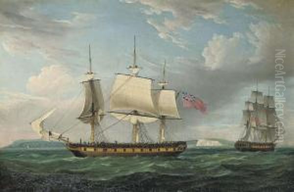 A Merchantman In Two Positions In The Channel Off The Downs Oil Painting by Thomas Whitcombe