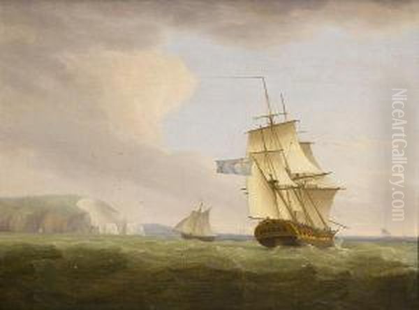 An English Frigate Off The Needles Oil Painting by Thomas Whitcombe