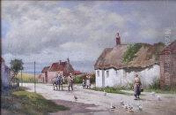 Coastal Cottages With Figures Oil Painting by Arthur White