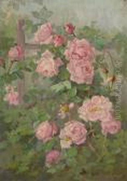 Pink Roses On A Trellis Oil Painting by Edith White