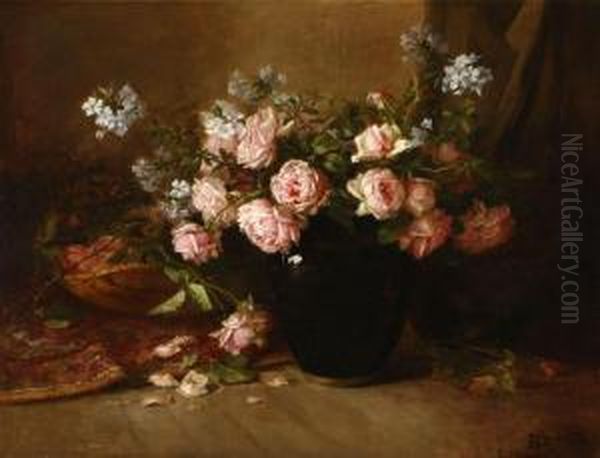 Pink Roses With Oriental Rug Still Life Oil Painting by Edith White