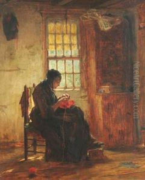 Woman Knitting By A Window Oil Painting by Edwin White